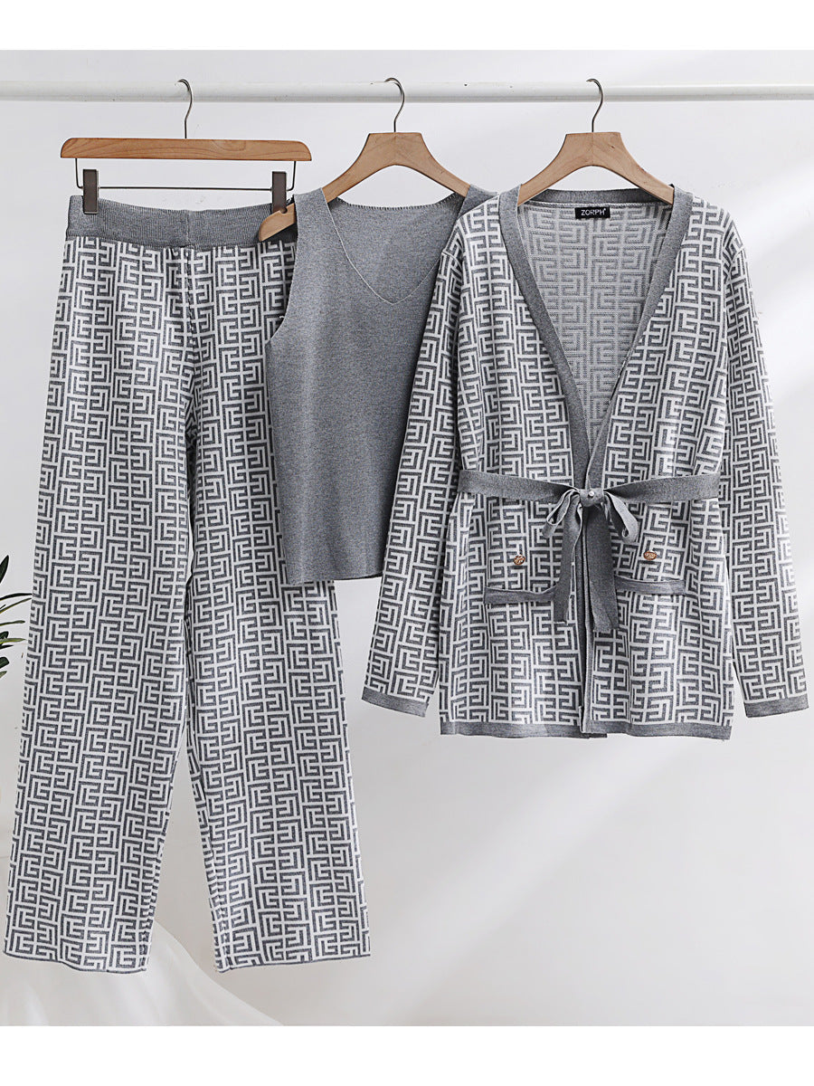 Grey Knitted 3PC Pajama Set