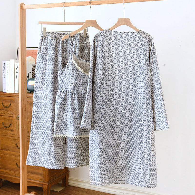 Grey 100% Cotton Long Cardigan 3PC Pajama Set