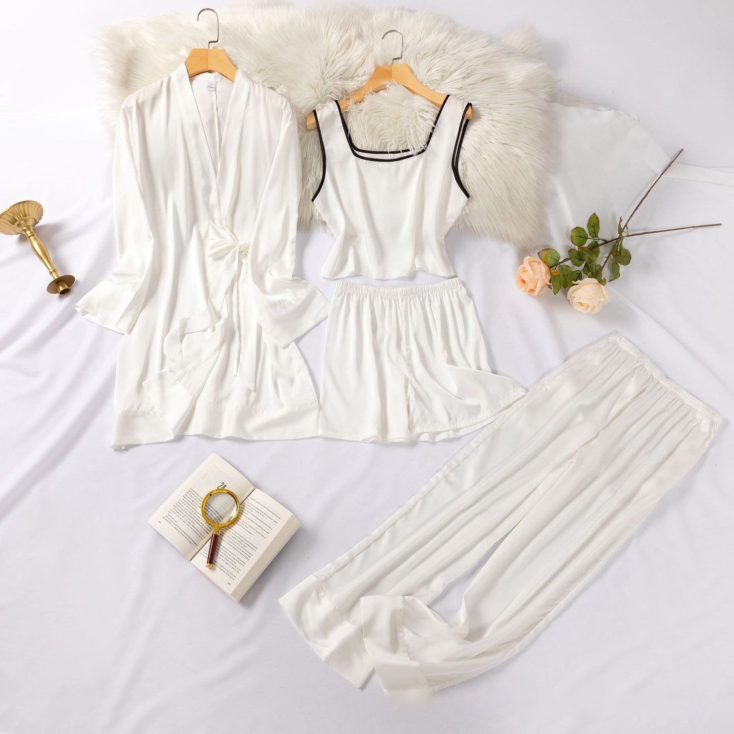 White Silk Bridal Gown 4pc Pajama Set