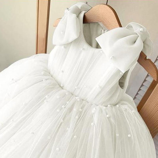 White Elegant Pearl Studded Girl's Dress