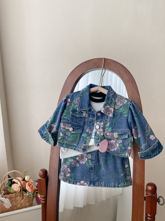Floral Denim Top & Skirt Set