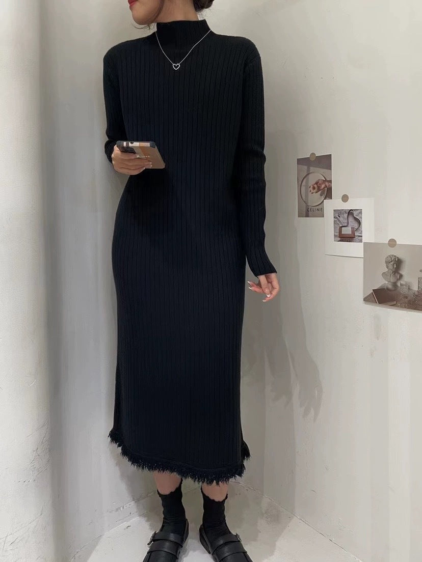 Black Knitted Tassel Long winter Dress