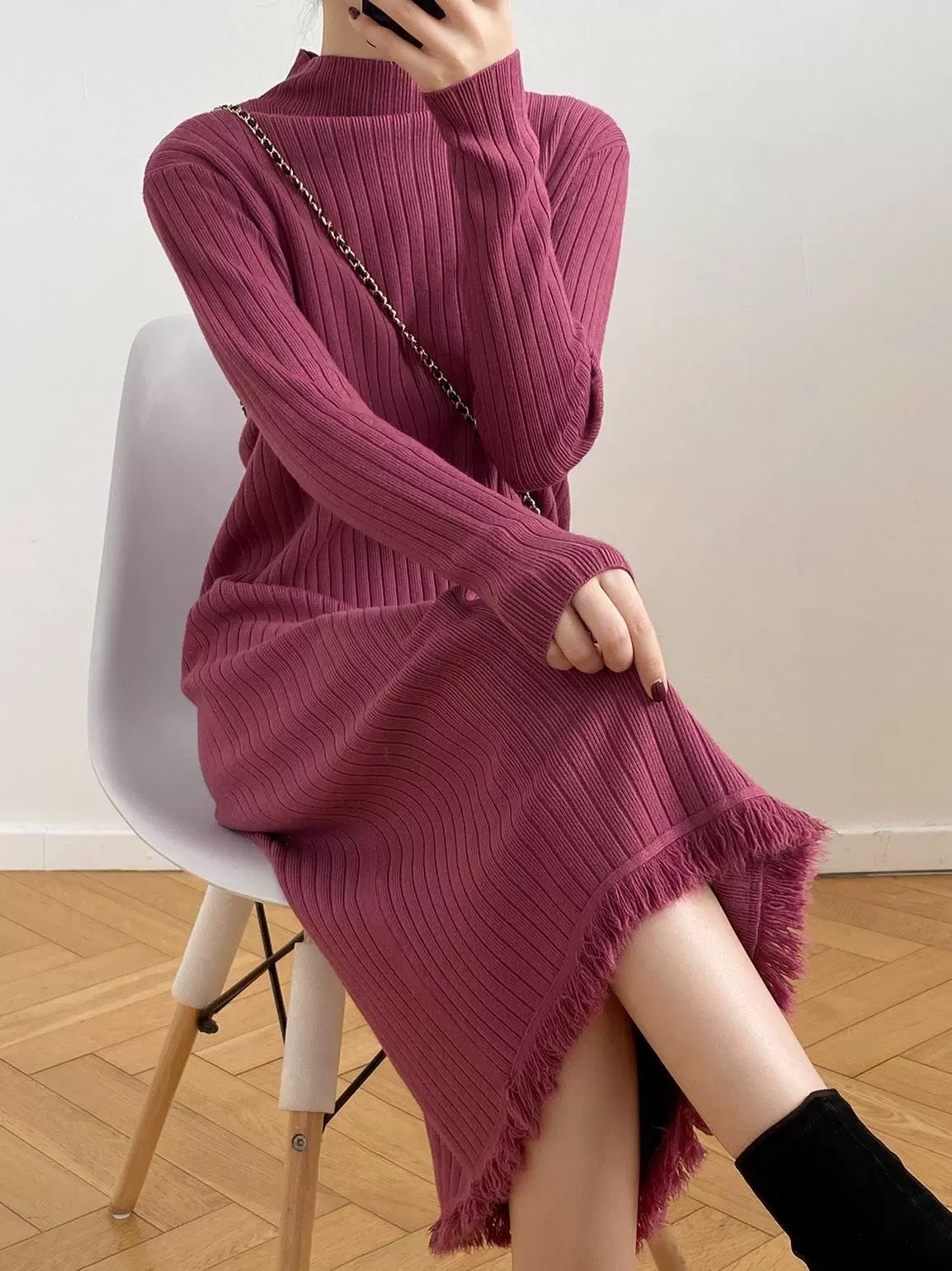 Burgundy Knitted Tassel Long Dress