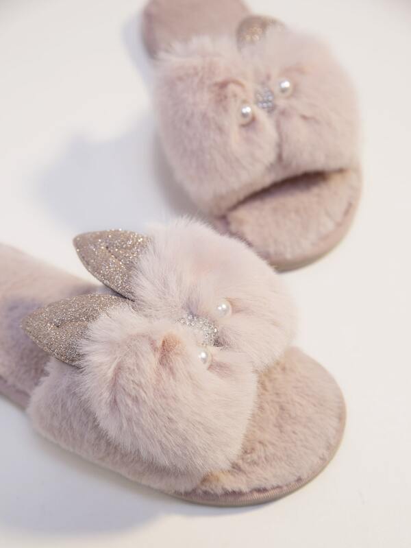 Glitter & Bow Decor Fluffy Slippers