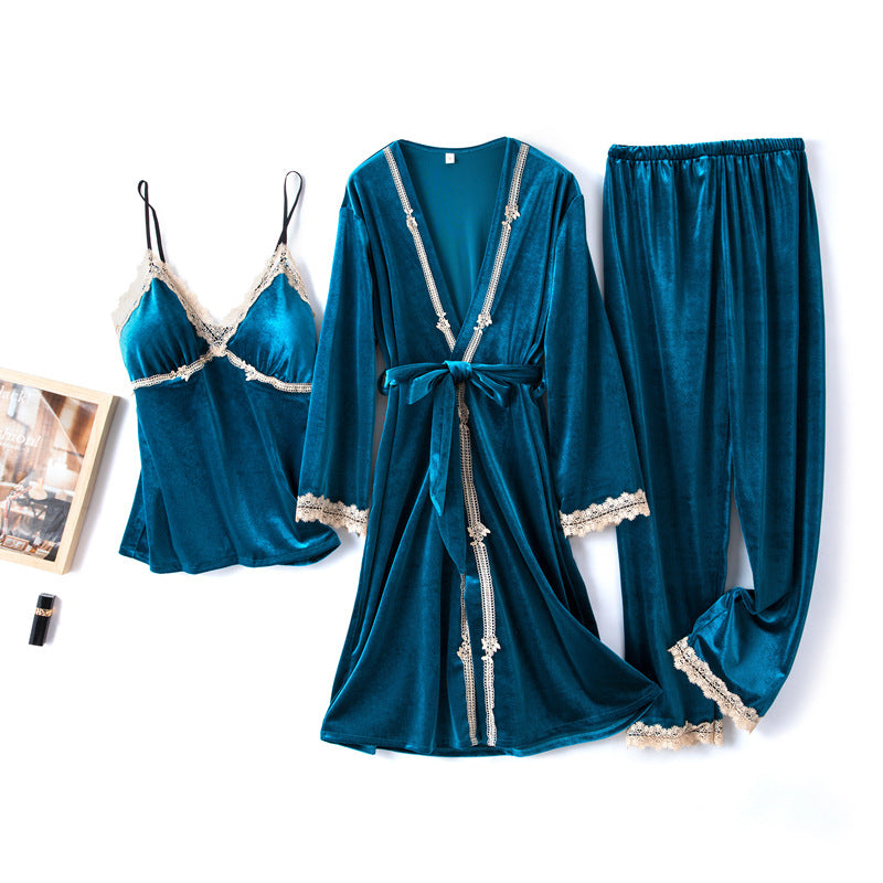 Turquoise Velvet 3pc Nightgown Set