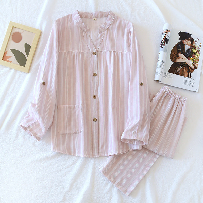 Pink Cotton V-Neck Double Gauze Pajama Set
