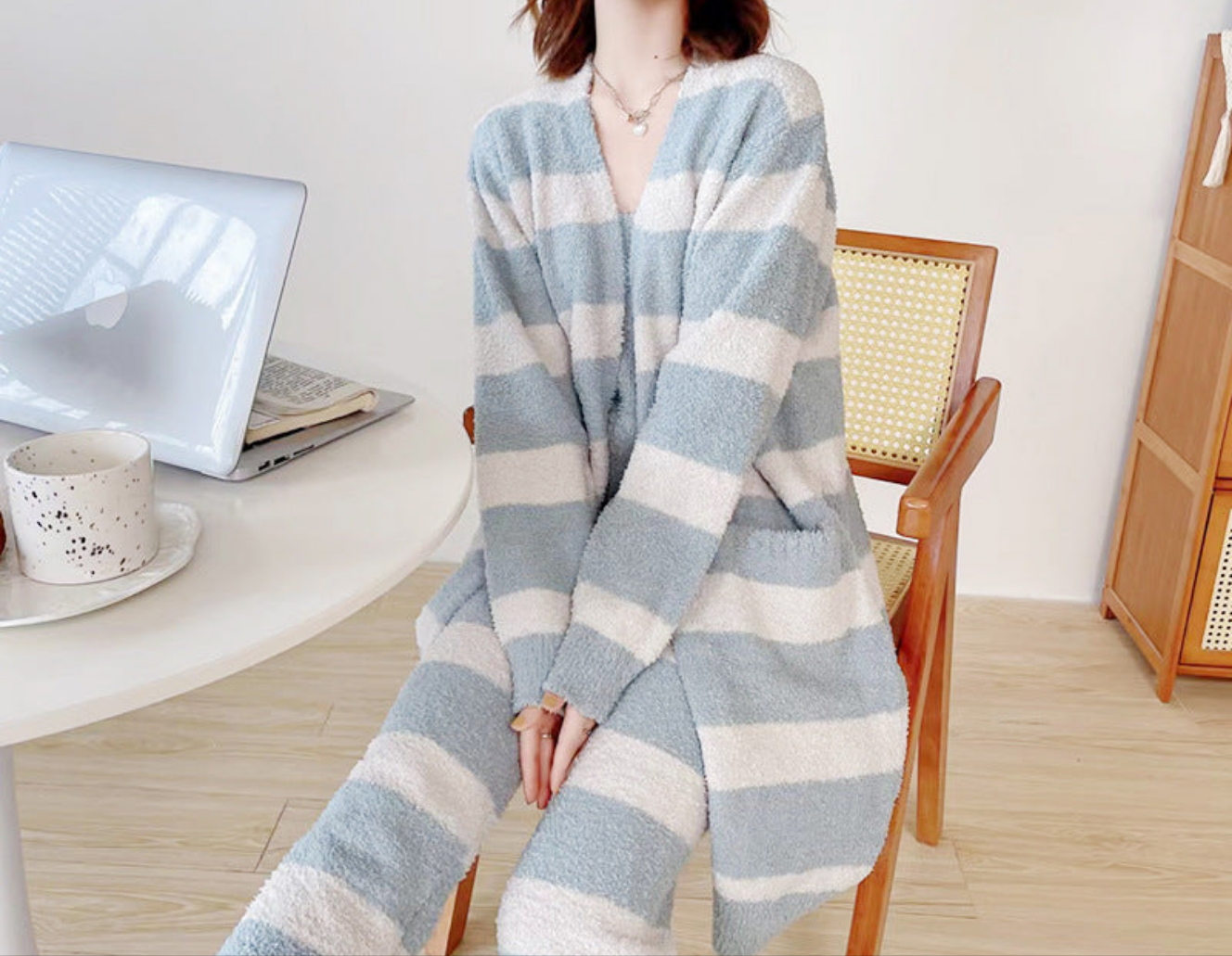 Green Contrast Stripe Knitted Pajama Set