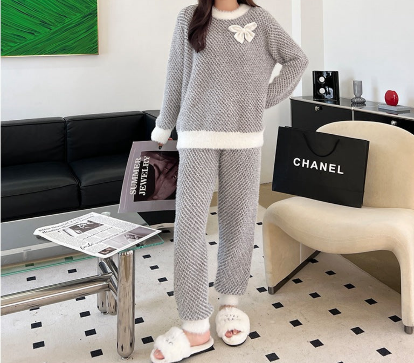 Black and White Contrast Knitted Pajama Set