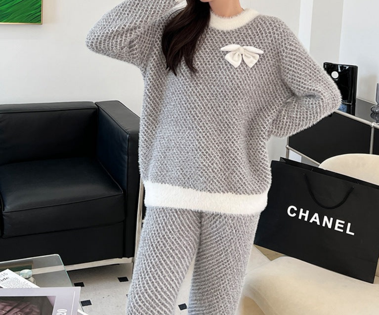 Black and White Contrast Knitted Pajama Set