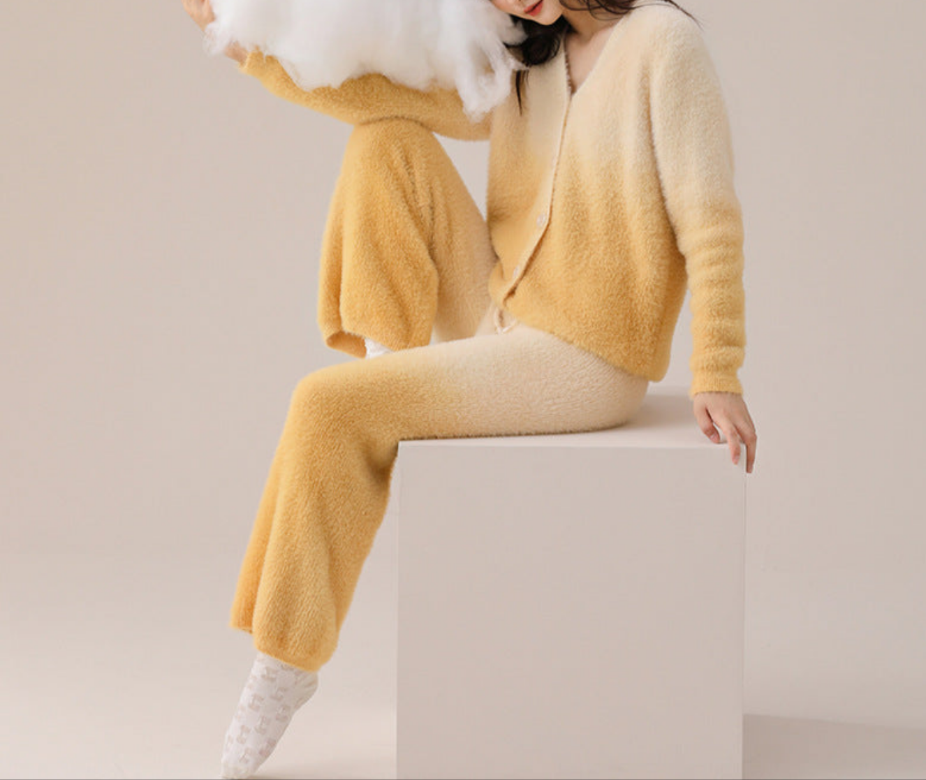 Yellow Gradient Mink Feel Knitted Pajama Set