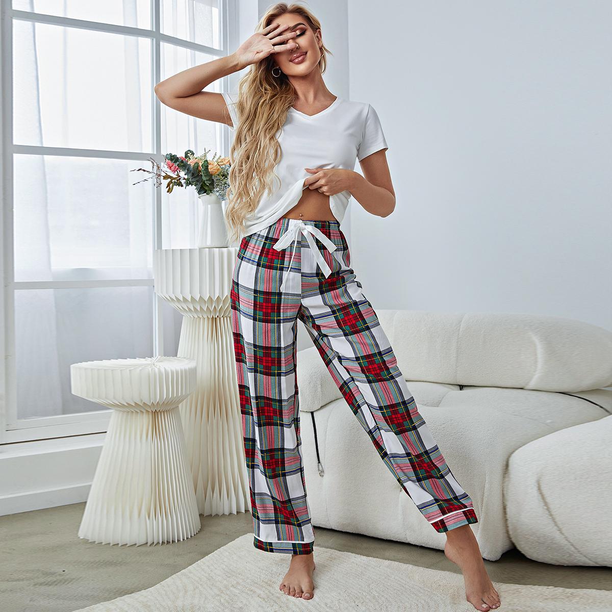Short Sleeved Plaid Trouser Pajama Set