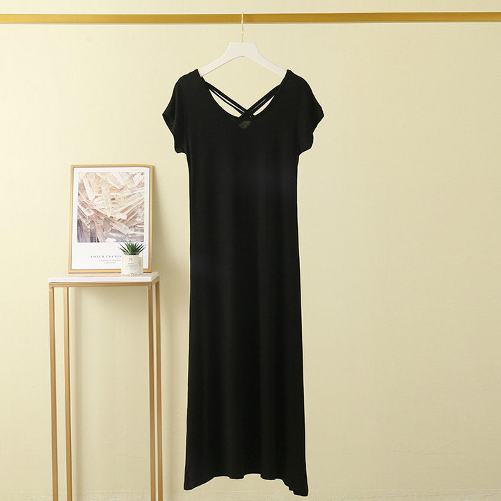 Black Cotton Short Sleeve Long Dress