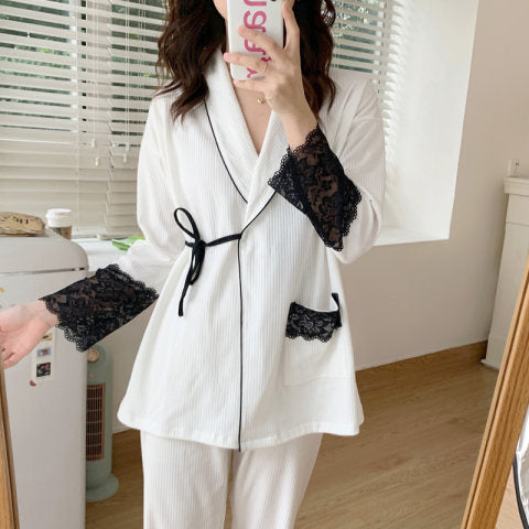 White with black Lace on sleeves and pocket Cotton kimono pajama Set