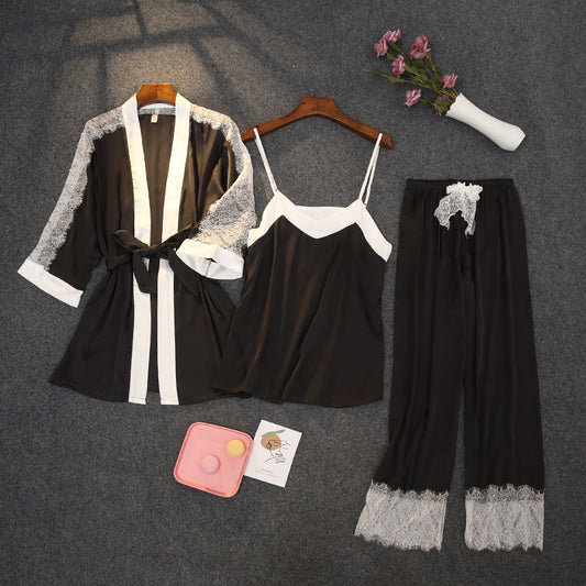 Black Lace Silk 3PC Pajama Set