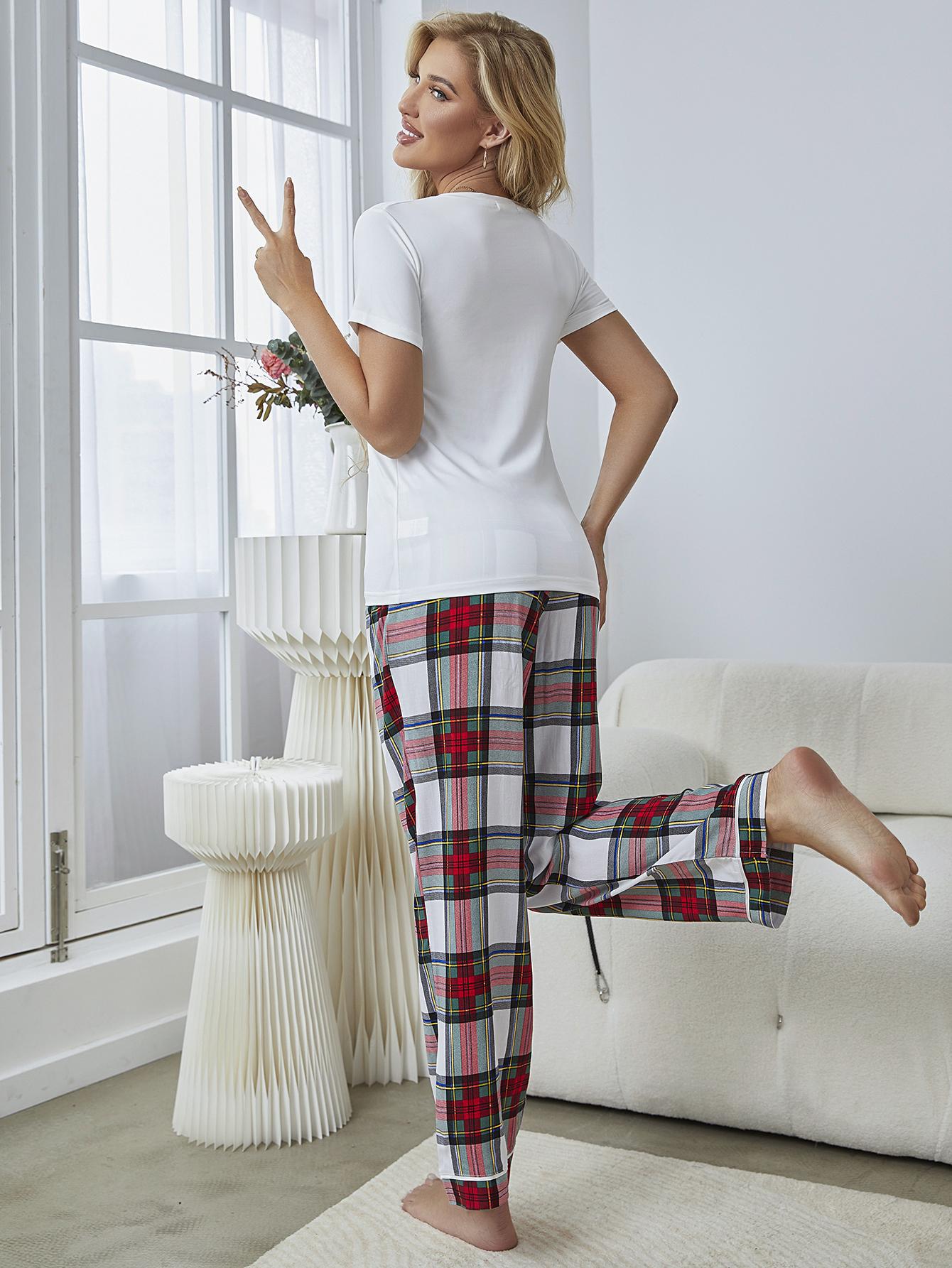 Short Sleeved Plaid Trouser Pajama Set