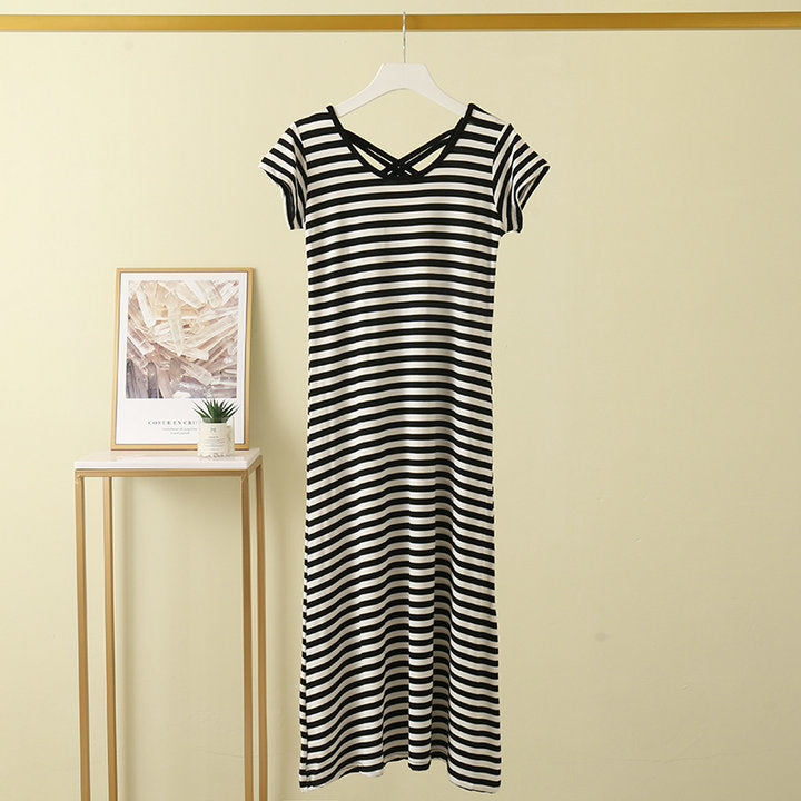 Short Sleeve Striped Long Dress